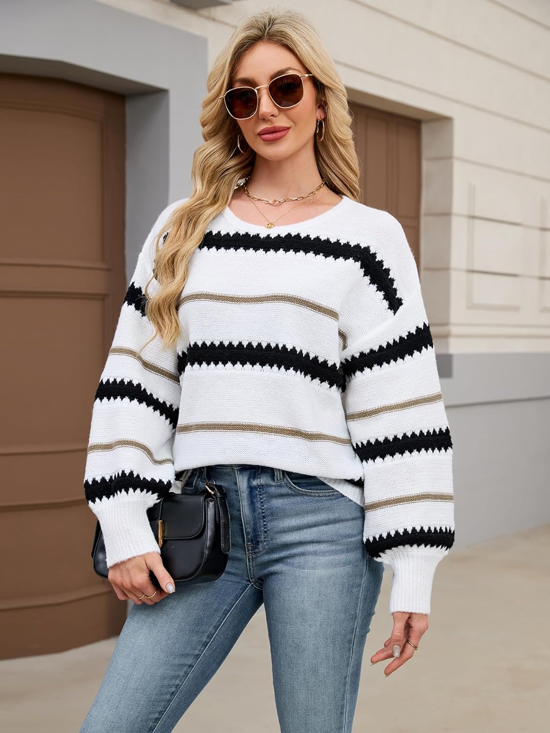 Womens Oversized Cute Striped Sweater Fall Winter Casual Chunky Knit Crewneck Color Block Long Sleeve Pullover Tops - Image 3