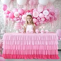 Vista 7 de Falda de mesa de tul con tutú rosa de 6 pies para mesas redondas rectangulares, mantel de gasa para decoración de fiesta de primer cumpleaños, baby