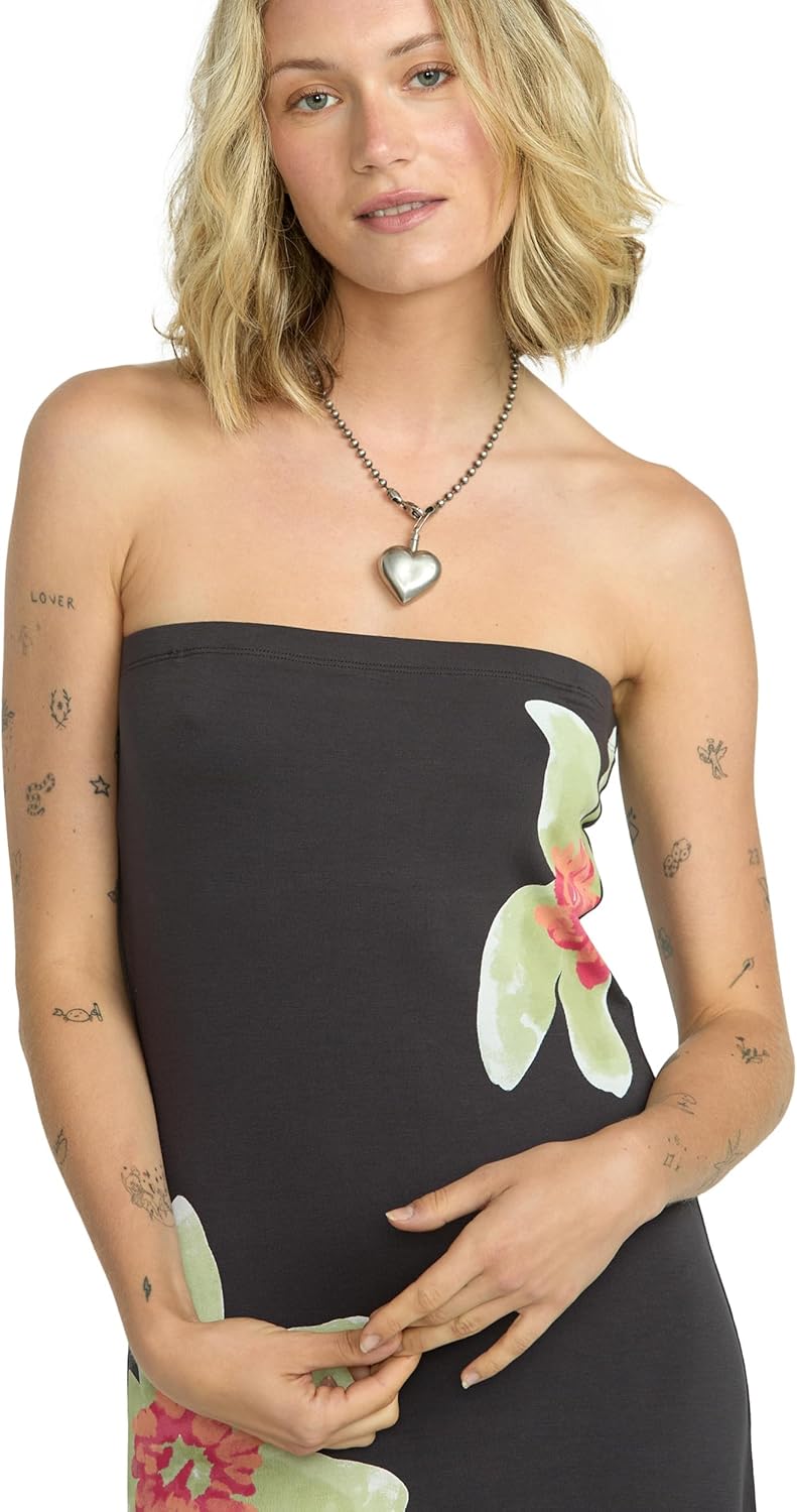 Volcom Women's Startstone Strapless Bodycon Midi Dress – Floral Print Bandeau Style with Removable Straps