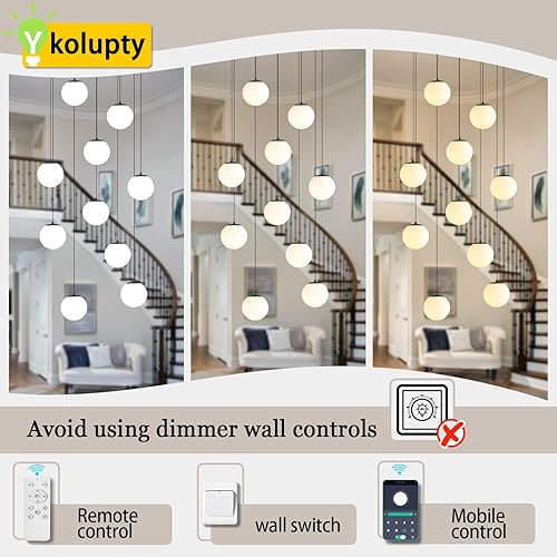 Miniatura 32 de Escalera LED de 10 luces LED moderna con globo de cristal, lámpara colgante grande para techos altos, accesorios de iluminación de entrada, villas y