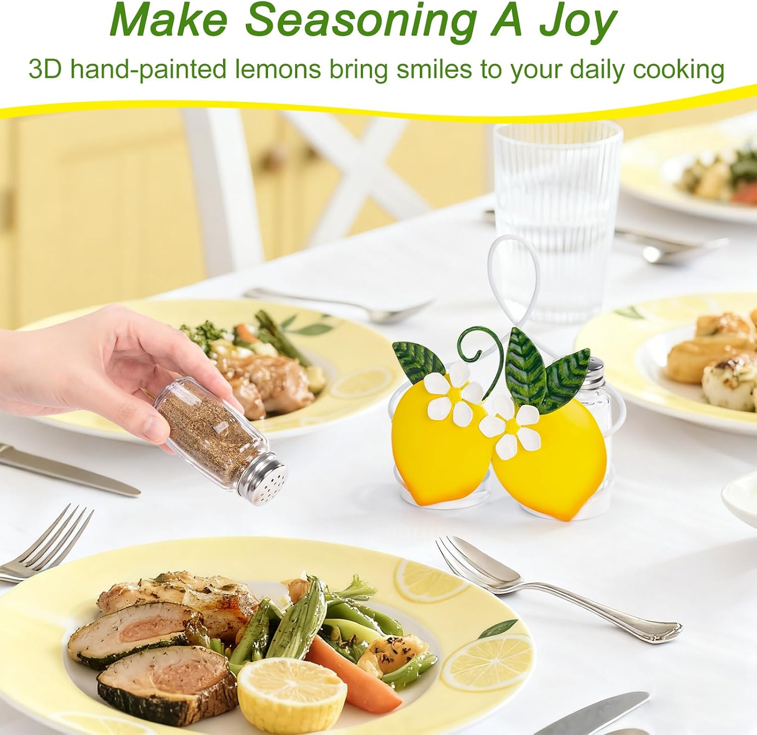 Lemon Cute Salt and Pepper Shakers Set with Holder - 2oz Seasoning Containers with Lemon Decor Holder, Yellow Kitchen Decor and Accessories, Housewarming Gifts for Women, Portable Metal Stand