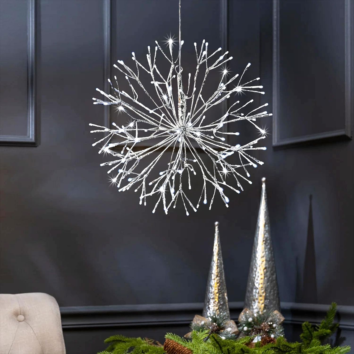 Christmas led Sparkle Ball Hanging Outdoor décorations -Haning Twig Ball,Snowflake Ornament Lights Indoor Outdoor Festive Holiday Décor 24Inch (Cool White)