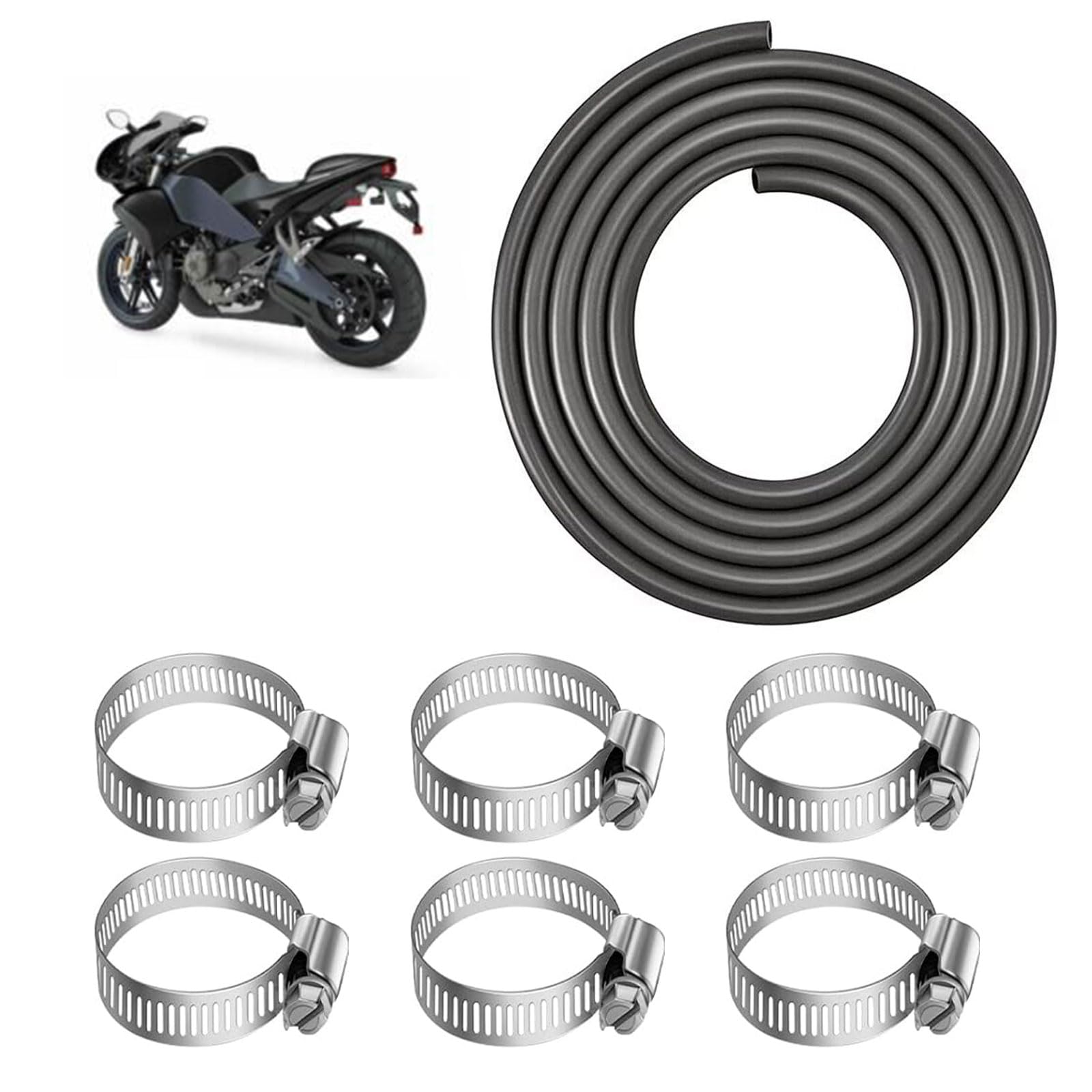 High-Temperature Resistant 6mm Fuel Line Set - 1m Motorcycle Fuel Pipe with Hose Clamps, Suitable for Trucks, Cars, Tractors and Small Engines