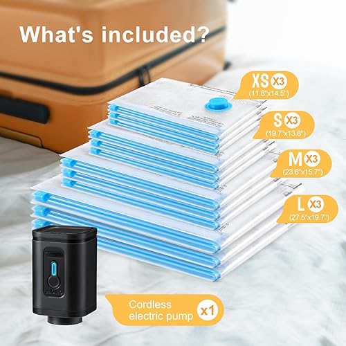 Miniatura 2 de UPGOGO Paquete de 12 bolsas de vacío de viaje con bomba eléctrica Prtable, bolsas de sellado al vacío para ropa, bolsas de almacenamiento al vacío