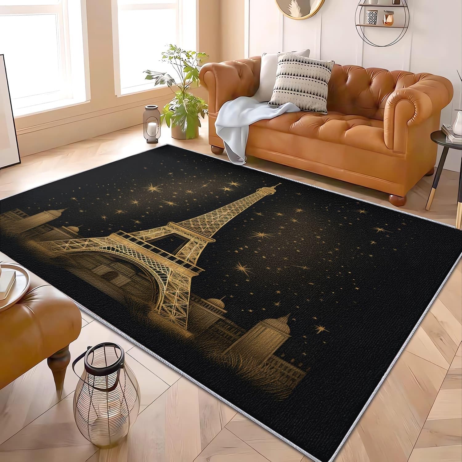 Generisch Dywan do pokoju dziecięcego, 80 x 150 cm, wieża Eiffla, złota architektura, antypoślizgowy, do salonu, prostokątny, czarny, do sypialni, nadaje się do prania, flanelowy dywan z krótkim