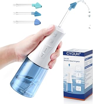 Electric Neti Pot Nasal Irrigation System 300ml Cordless Sinus Rinse Machine for Adults & Kids, Nose Wash Bottle with 3 Tips for Nasal CareSky Blue
