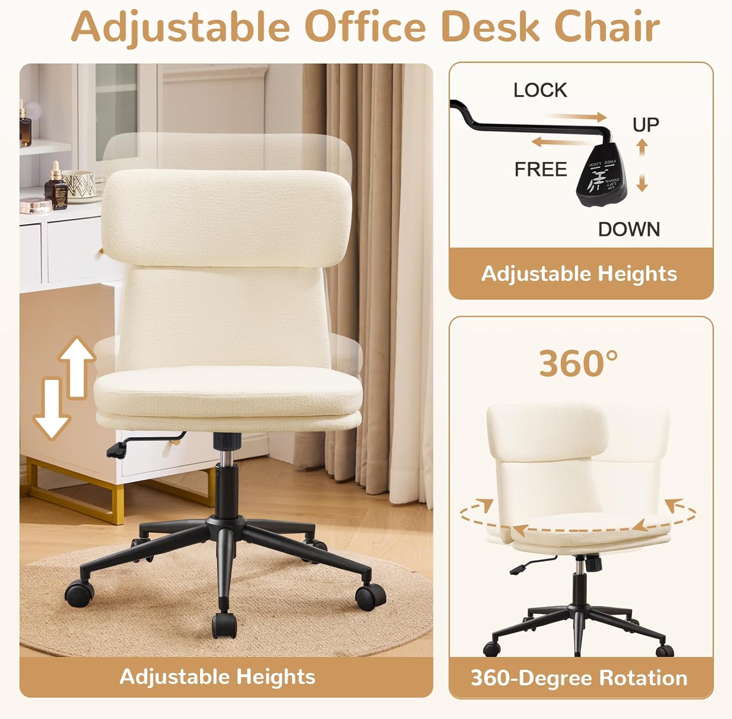 Furniliving Chenille Desk Chair, Armless Adjustable Swivel Office Chair with Wheels, Upholstered Thick Double-Layer Cushion Vanity Chair for Bedroom Home Office, White