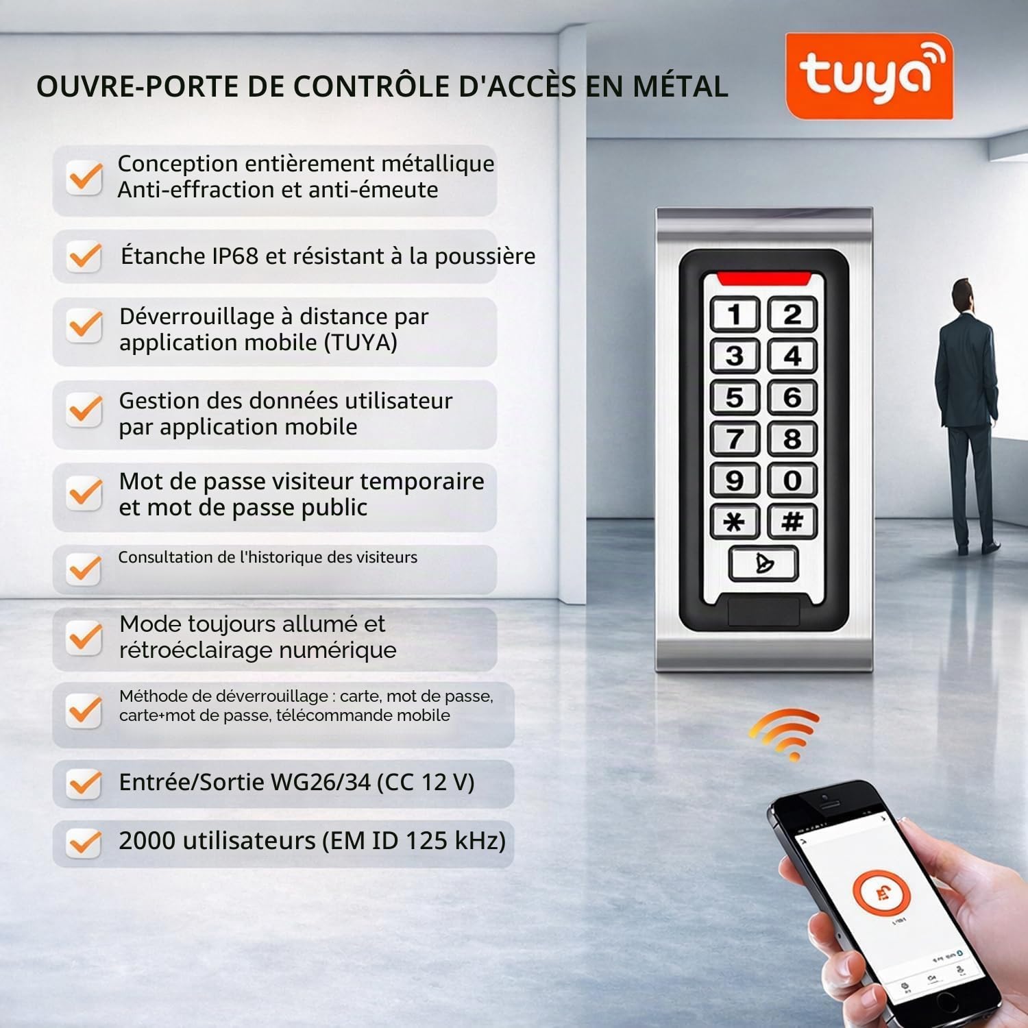 Clavier à Code WiFi Tuya Métal Rétroéclairé – Contrôle d'Accès RFID 125kHz WG26/34 Étanche IP68 – Serrure Connectée pour Portail Extérieur, Garage, Bureau & Appartement + 10 Badges RFID