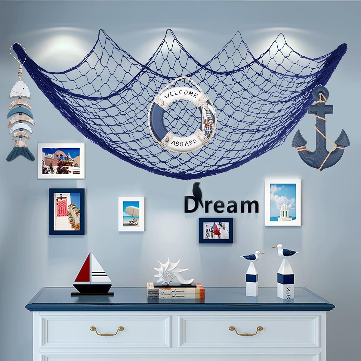 13" Nautical Wooden Anchor with Rope Nautical Beach Wood Anchor Wall Art Decor Door Hanging Ornament Beach Theme Home Decoration (Blue)