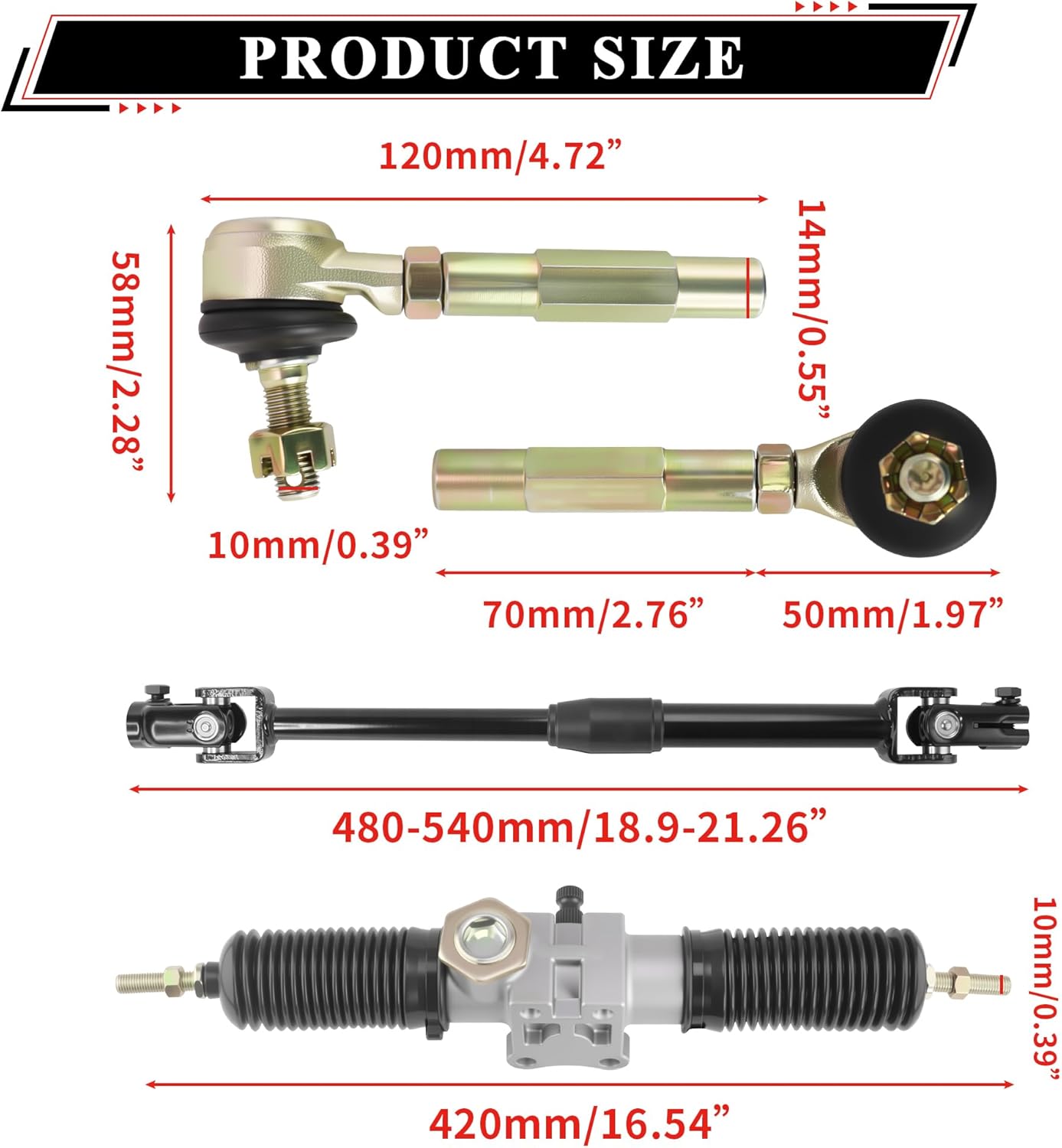 270mm/10.6'' Front Steering Wheel Parts 420mm/16.5'' Silver Rack Pinion Adjustable Shaft Tie Rod Ends Assembly for DIY Electric 110cc 125cc 150cc Go Kart Golf Buggy UTV Off-road Vehicle