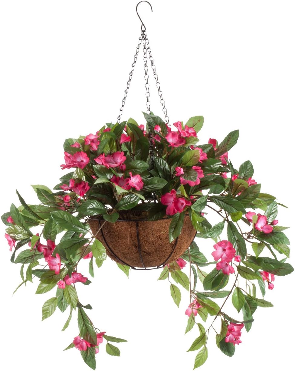 OakRidge Fully Assembled Impatiens Hanging Basket – Large Artificial Flower Outdoor or Indoor Decoration with Hook - White