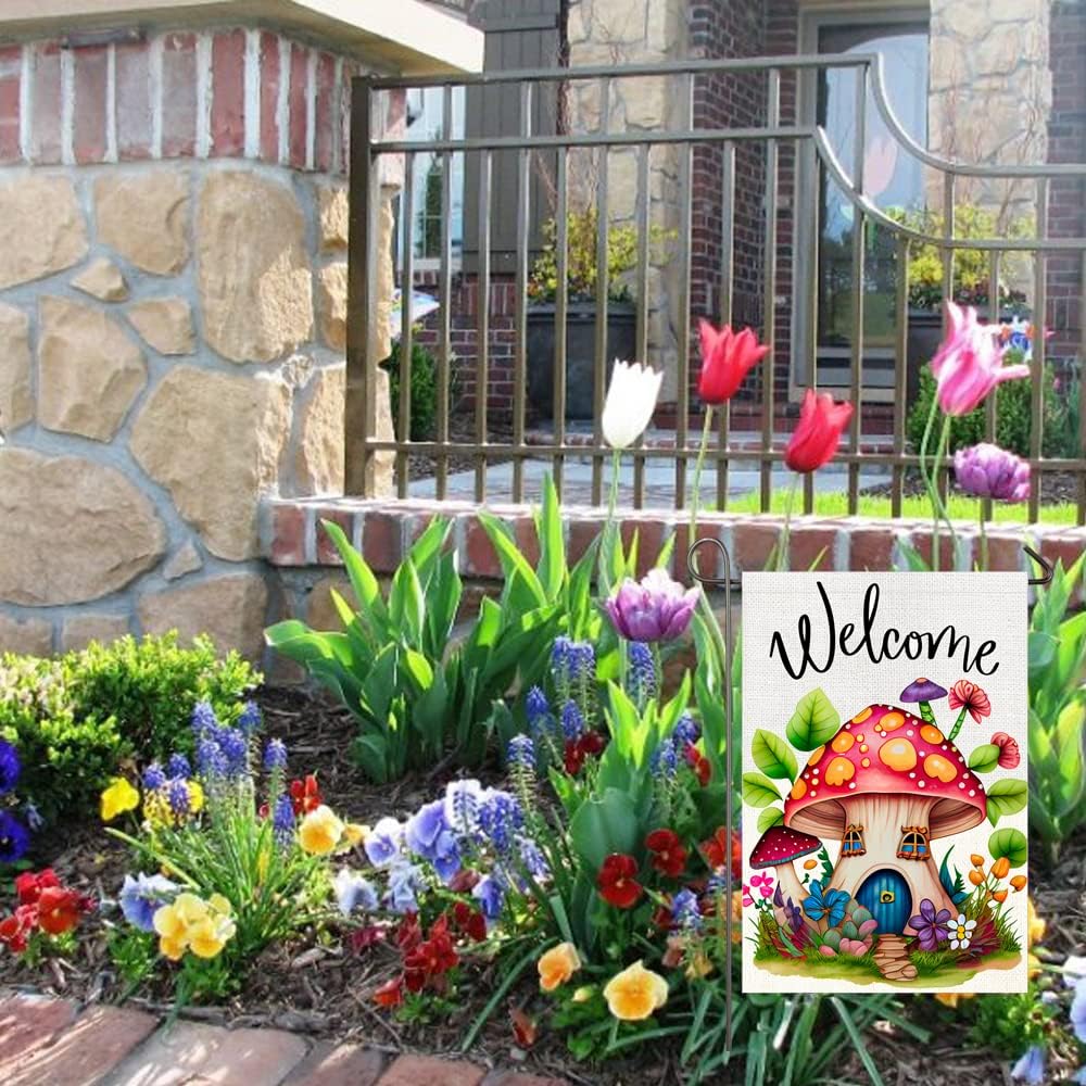 Mushroom House Garden Flag 12x18 Inch Double Sided Spring Summer Welcome Mushroom Yard Flag Seasonal Farmhouse Decor Garden Lawn Yard Outdoor Decorations - Image 4