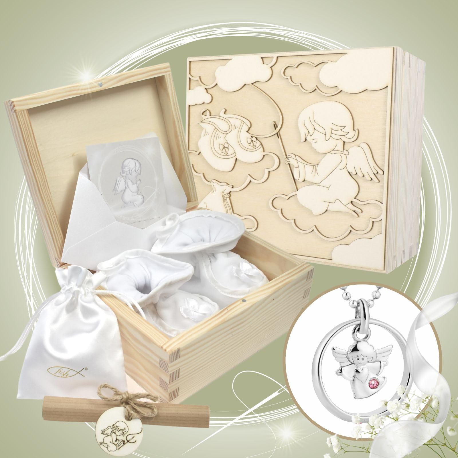 fish Handcrafted Baptism Necklace Set including Angel Pendant And Pink Crystal, Mittel - Image 2