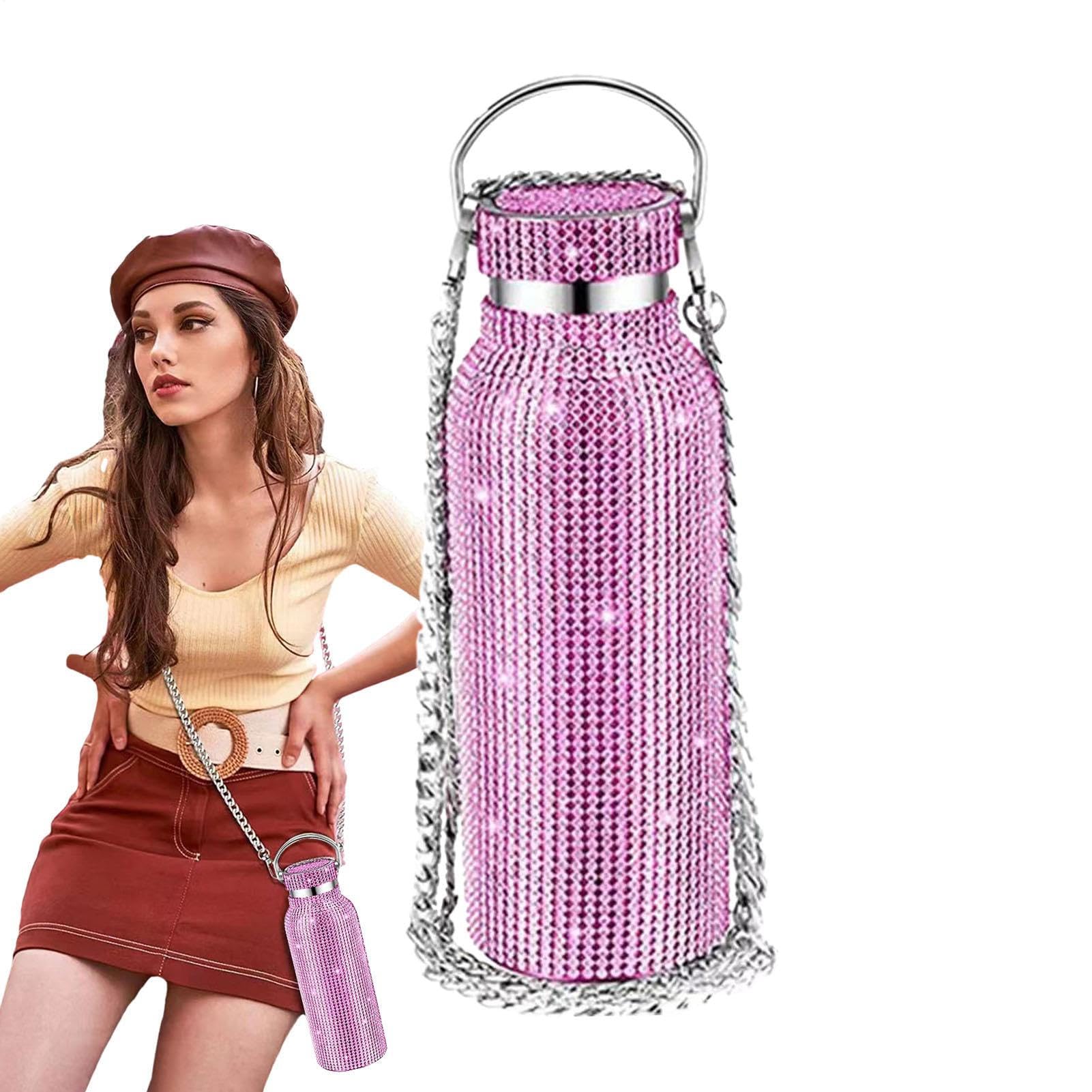 Bouteille d'eau isotherme en acier inoxydable de 350ml avec strass brillants et chaîne élégante