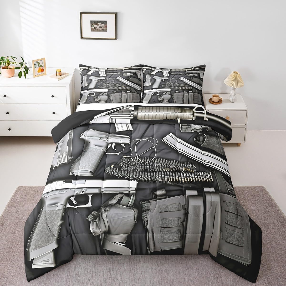 Feelyou Army Rifle Machine Gun Bedding Set Gun Comforter for Kids Teens War Comforter Set Military Themed Duvet Set Decor Quilt Queen Size Boys