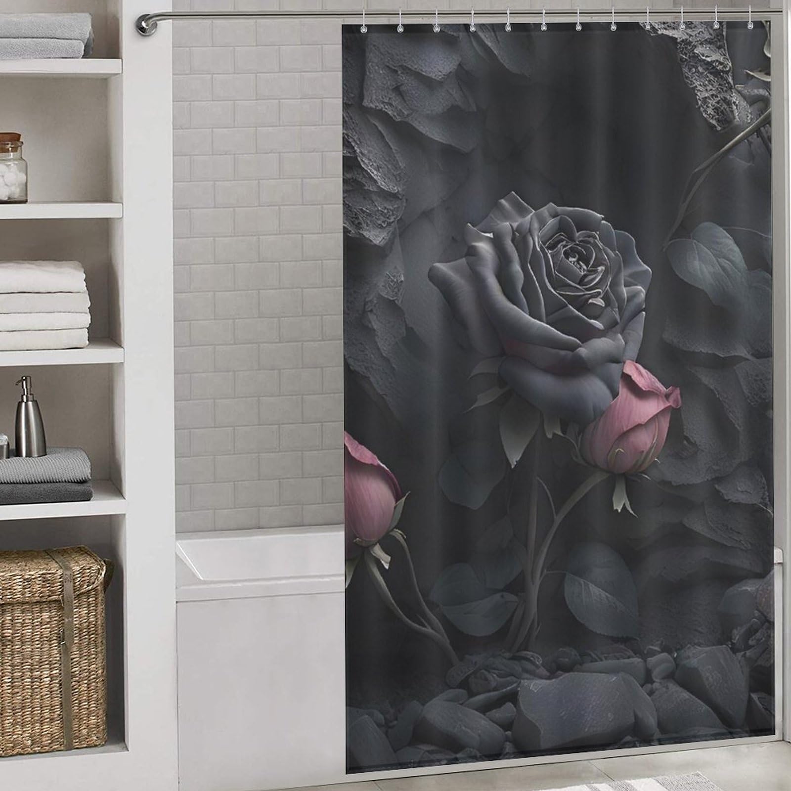 PAZZK Rose Shower Curtain Resistant Waterproof Bathroom Curtains with 12 Hooks Quick-Drying Polyester Shower Curtains for Bathroom Wet Room Tub 55x72Inch（140x183cm）