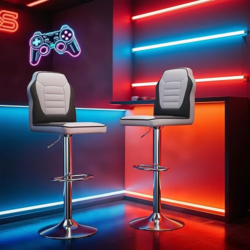 Miniatura 2 de MoNiBloom Juego de 2 taburetes de bar, de piel sintética ajustable en altura con reposapiés, taburete de cocina giratorio de 360 con respaldo,