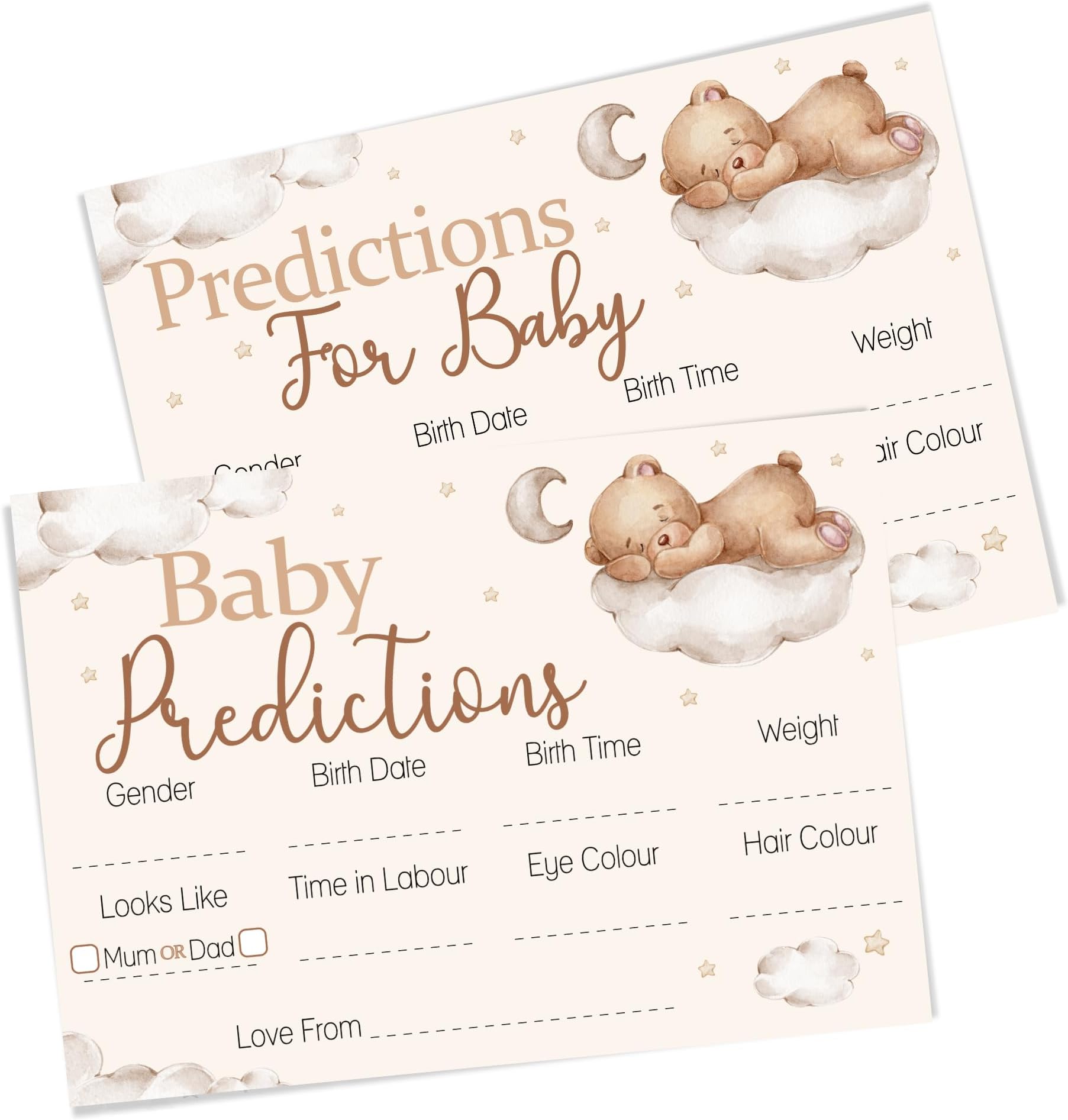 Parties Prediction Cards in Teddy Bear Theme - Baby Shower or Gender Reveal Keepsake Activity - 20 Players