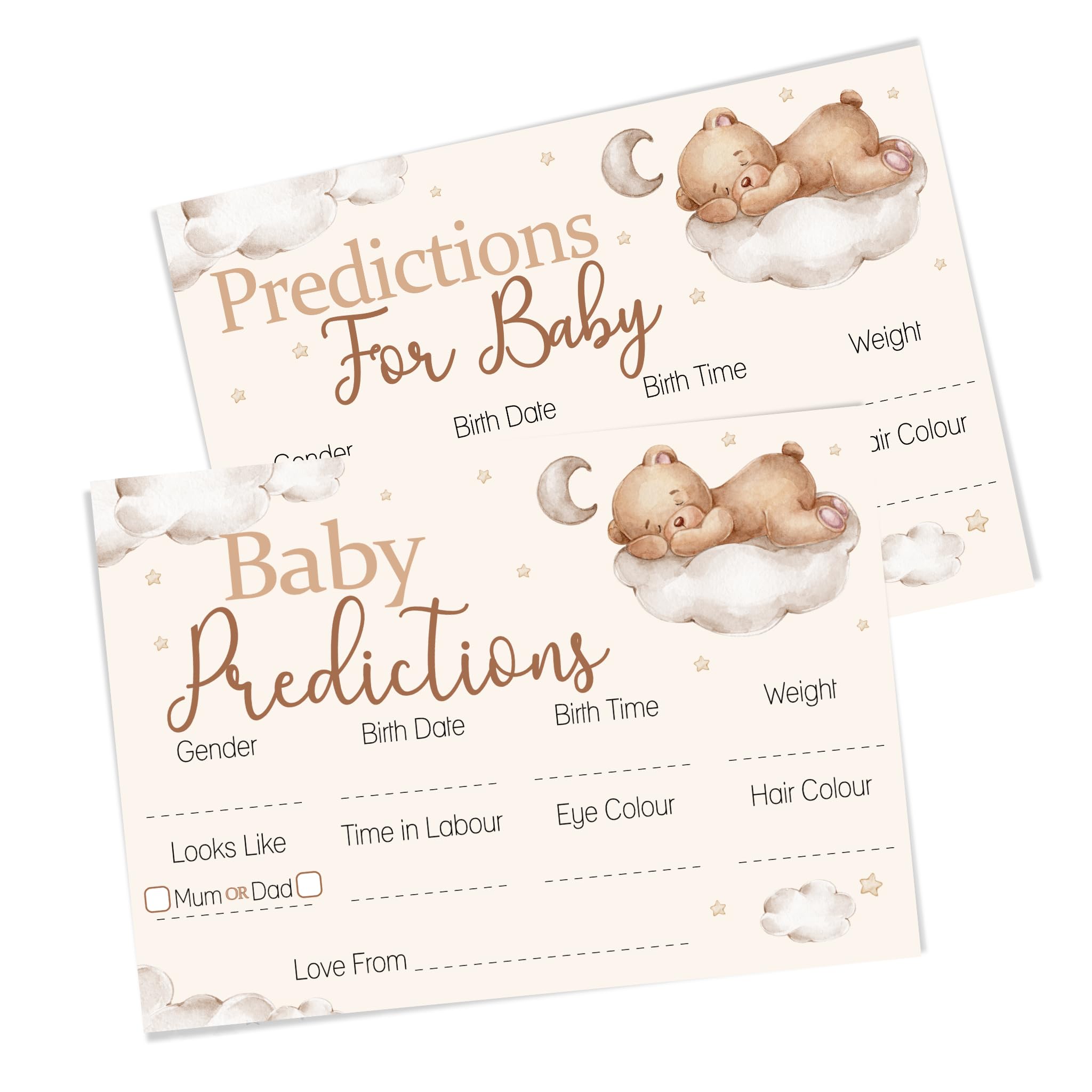 Parties Prediction Cards in Teddy Bear Theme - Baby Shower or Gender Reveal Keepsake Activity - 20 Players