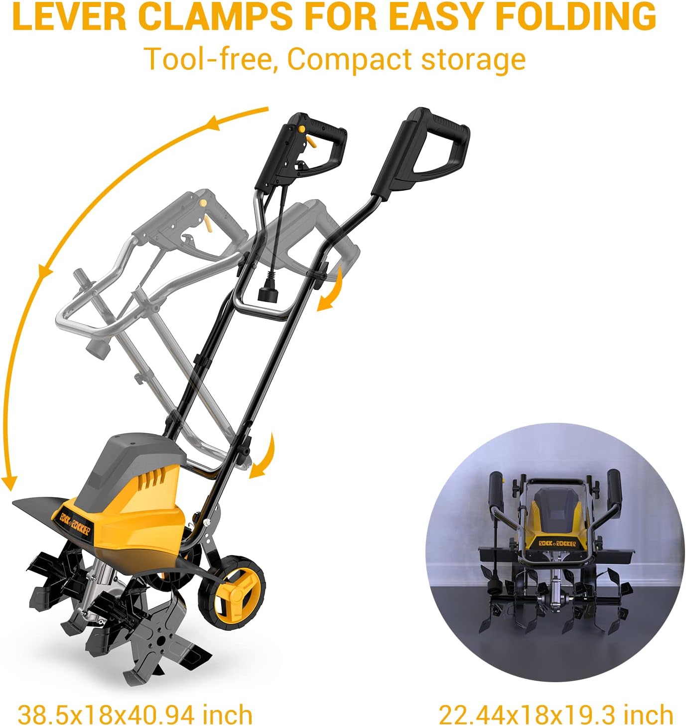Rock&Rocker 18-Inch 13.5Amp Electric Tiller, Garden Tiller Power Tiller 8.7" Working Depth, 6 Steel Tines, Foldable Handle, Lightweight, Adjustable Wheels, for Digging, Soil Cultivation, Landscaping : Patio, Lawn & Garden