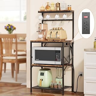 Korfile Kitchen Bakers Rack with Power Outlet, Small Coffee Bar Cart 4 Tiers, Microwave Stand Station with 8 S Hooks, Adju...