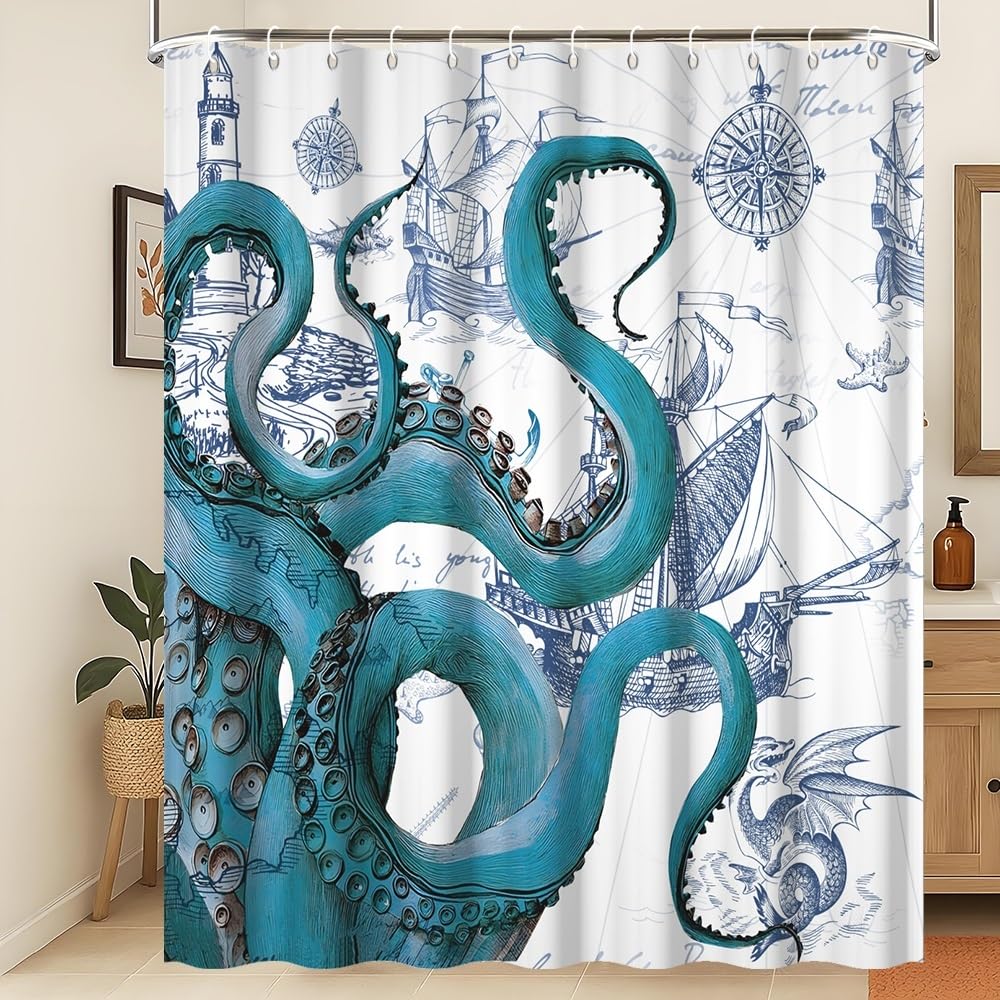 Xiaoterna 180x240cm Blue Nautical Octopus Shower Curtain Vintage Pirate Ship Lighthouse Waterproof Polyester Bathroom Curtain Marine Life Coastal Trip White Mildew Resistant Bathroom Decoration