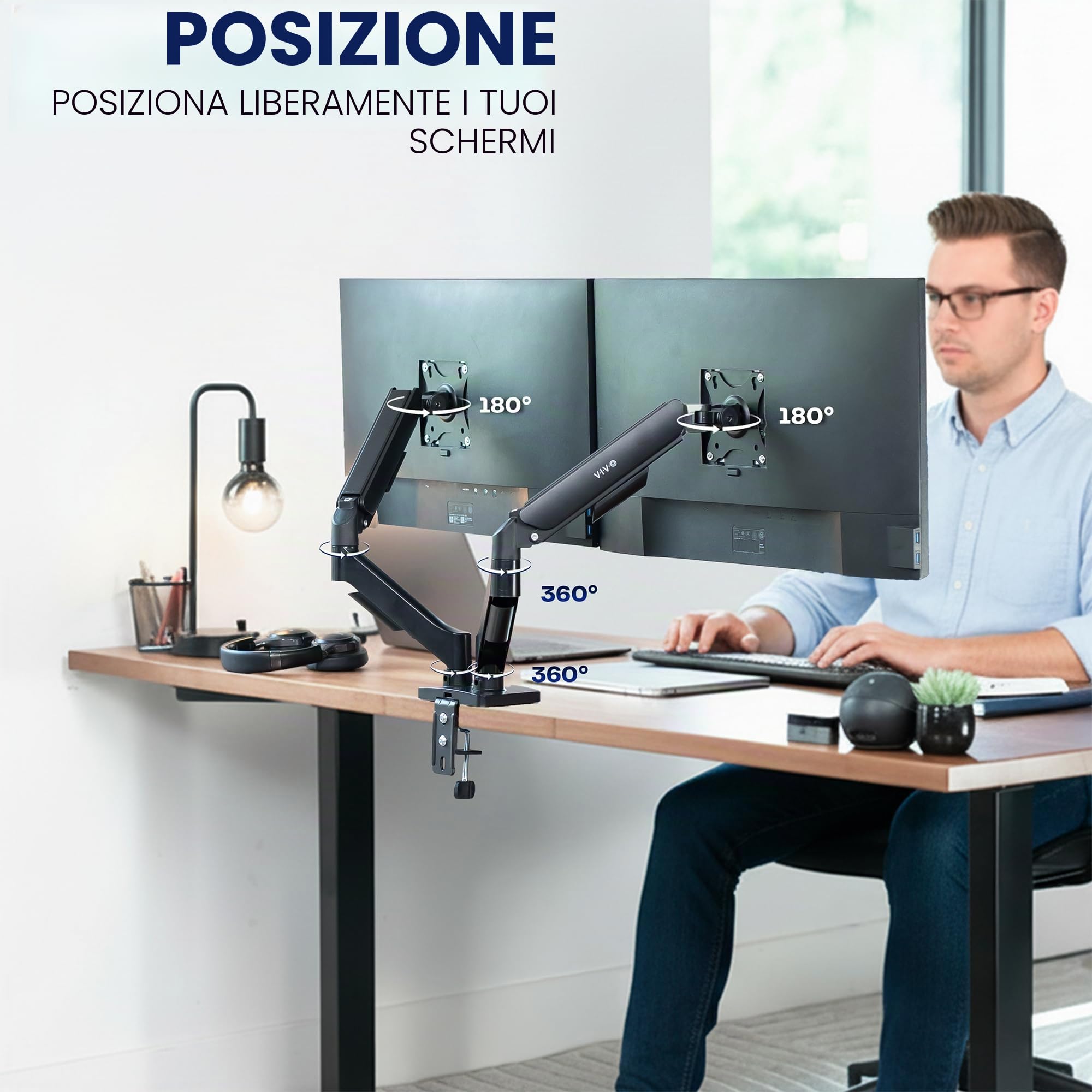 VIVO STAND-V002O - Supporto da scrivania per monitor a doppio braccio, regolabile in altezza, inclinabile, girevole, contrappeso, staffa VESA per la maggior parte degli schermi fino a 32", classico