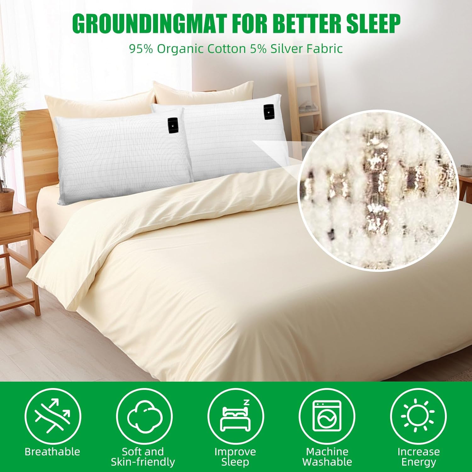 Grounding Pillowcase 2 Pack, 20x30, 2 Pillow Covers with 15 ft Grounding Cord, Soft Cotton Silver Fiber, Improve Sleep, Pain Relief