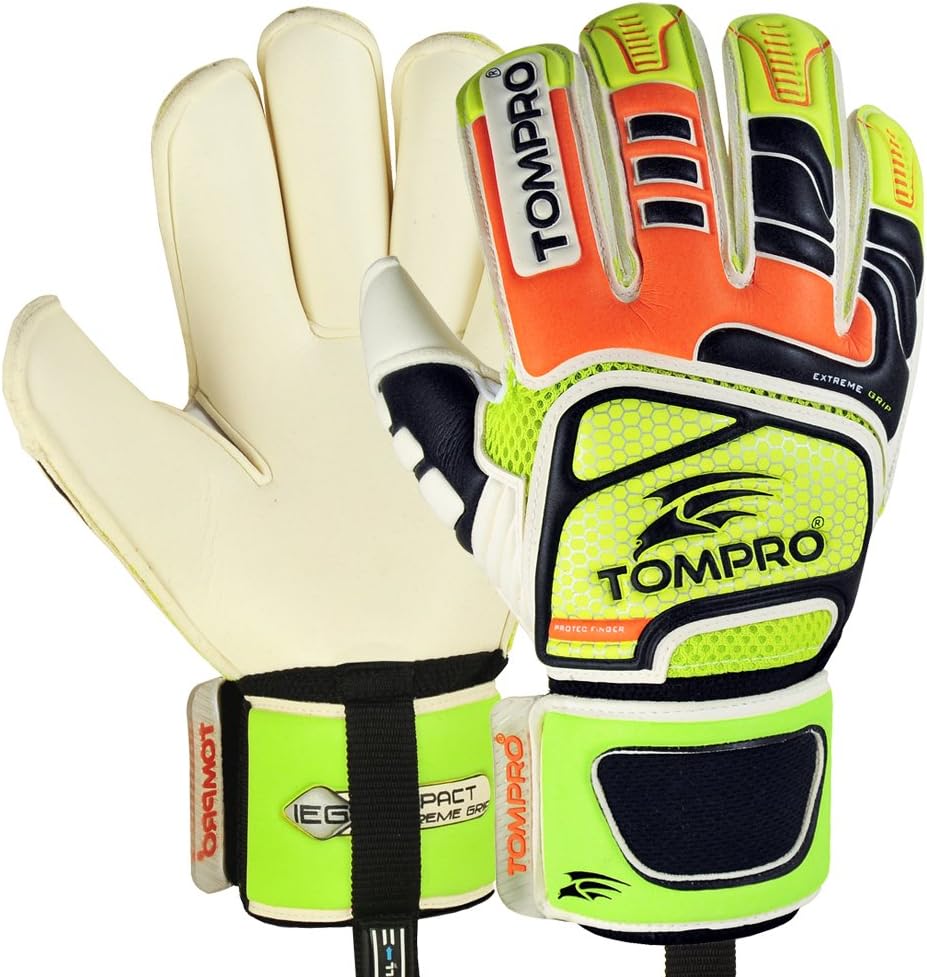 Tompro Extreme Grip Roll Finger Protection Removable Spines Goalkeeper Gloves Orange/Green/Black Size 10