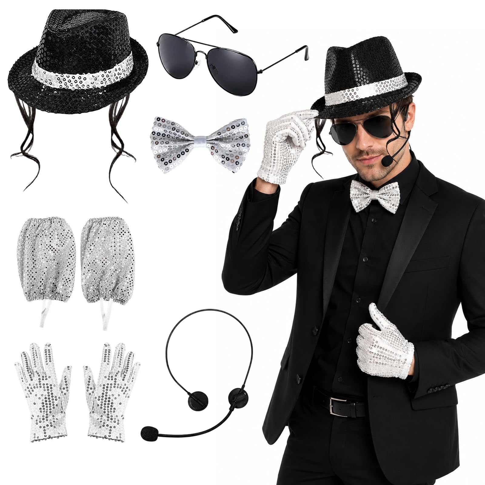 CYCFMYYLY 6-Piece 80s Pop Star Costume Accessories Set, The Gloved One Style Accessories with Hat, Fake Microphone Prop, Glasses, Bowtie, Gloves and Shoe Covers for Halloween Cosplay
