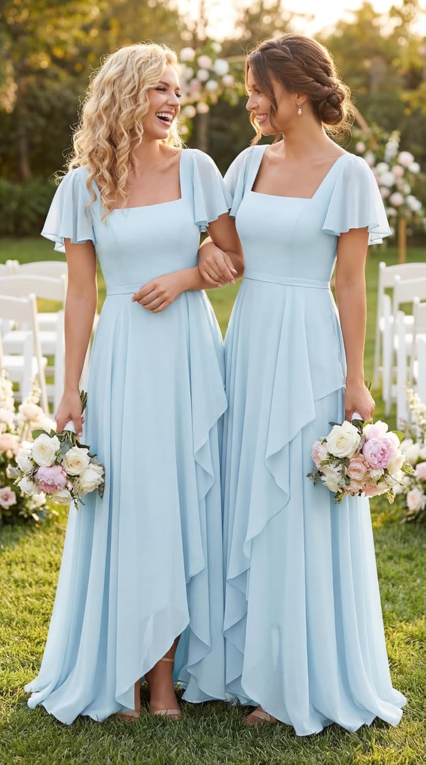 Women's Square Neck Bridesmaid Dresses with Slit Short Sleeves A Line Long Formal Gowns OE01 - Image 4