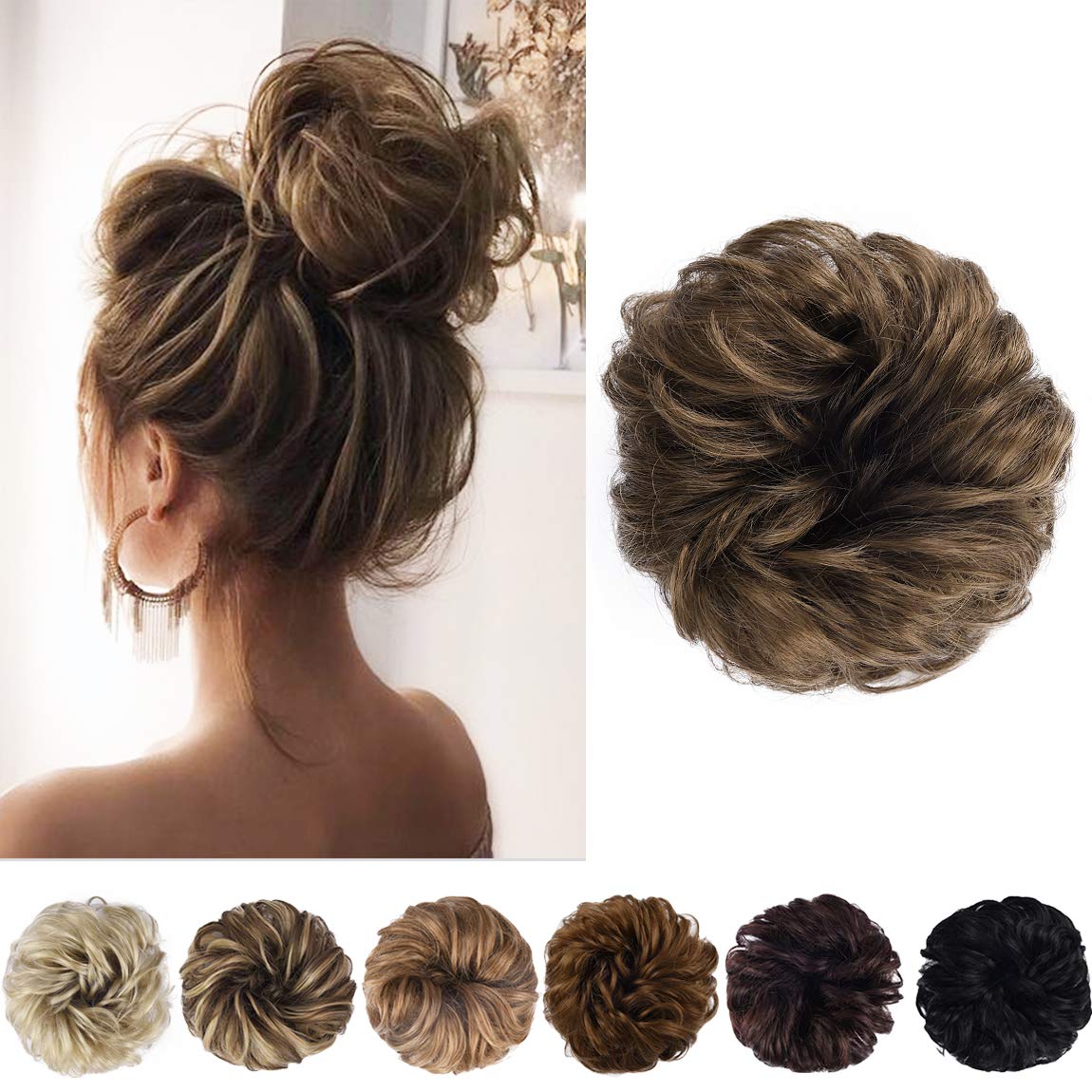 SEIKEA Messy Bun Hair Piece Tousled Thick Updo Hair Scrunchies Hair Extensions Curly Wavy Ponytail Hairpieces with Elastic Rubber Band Hair Accessories 1PCS Color Light Ash Brown