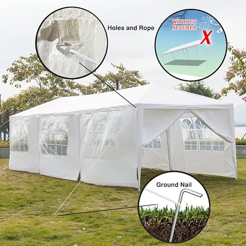 Miniatura 4 de Tienda de campaña blanca para exteriores de 10 x 30 pies, tienda de campaña impermeable con 8 paredes laterales extraíbles, 2 puertas, tienda de