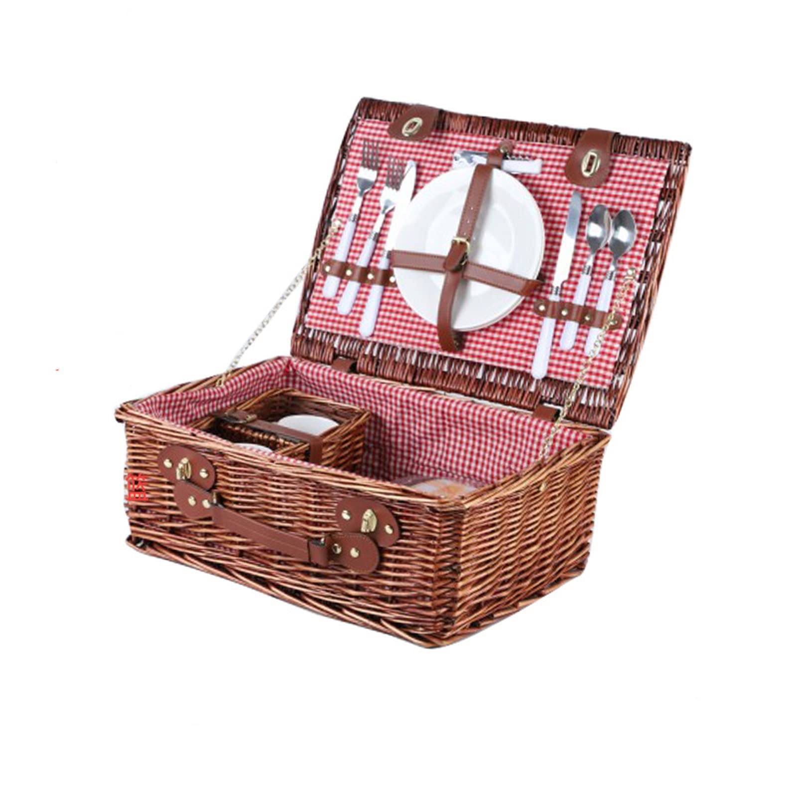 Wiklinowy kosz piknikowy z przyborami i sztućcami, zestaw upominkowy Willow Hamper dla 2 osób, ręcznie tkany do przechowywania na zewnątrz Walentynki, urodziny(B)