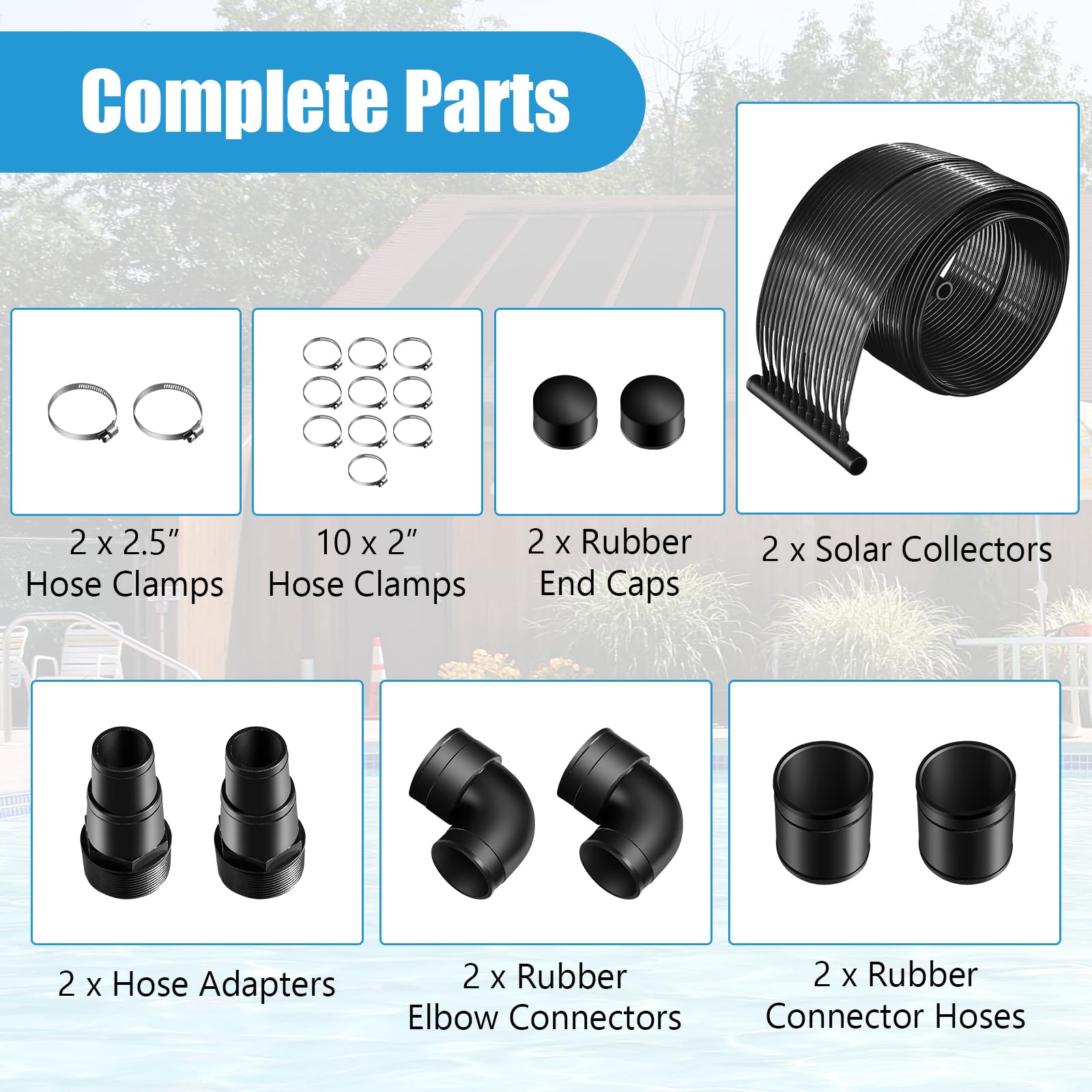 SOARS Réchauffeur Solaire, Lot de 2 Panneaux Solaire Piscine Hors Sol, Matériau PE de Qualité, Set d’Accessoires Complets, pour Piscine Jusqu’à 12000L d’Eau, Noir (3 x 0,75 m)