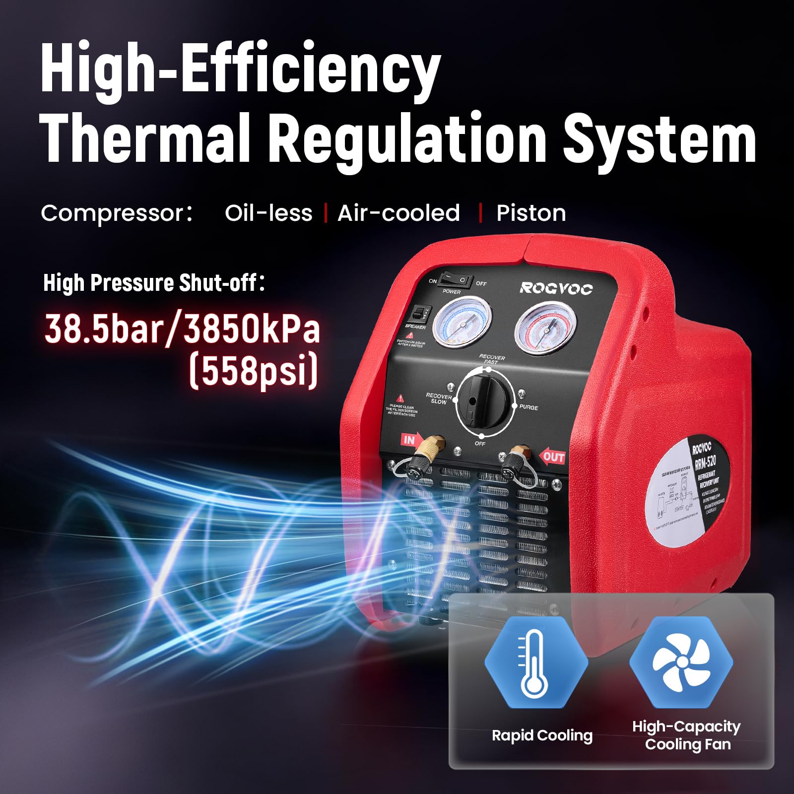 Máquina de recuperación de refrigerante de 3/4 HP, 110-120 V, 60 Hz, máquina portátil de recuperación de CA con protección de alta presión, unidad de reciclaje portátil HVAC para sistema de