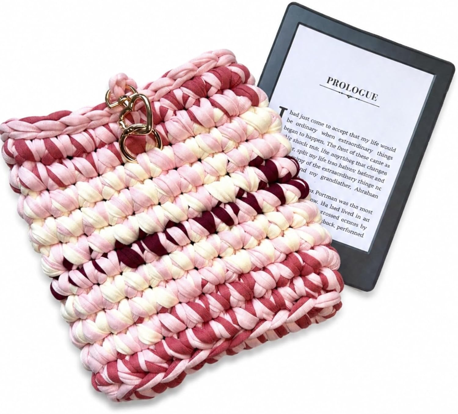 Colorful Handmade Crochet Kindle Cover with Heart Snap – Premium Recycled Cotton T-Shirt Yarn Protective Sleeve for Kindle Paperwhite, Oasis & e-Readers – Unique Gift for Book Lovers