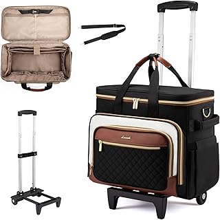 LOVEVOOK Rolling Teacher Bag with Detachable Dolly and Laptop Compartment, Large Rolling Tote Bag fits for 17.3" Laptop for Teacher Office Work Craft Nurse, Quilted-Black-beige-brown
