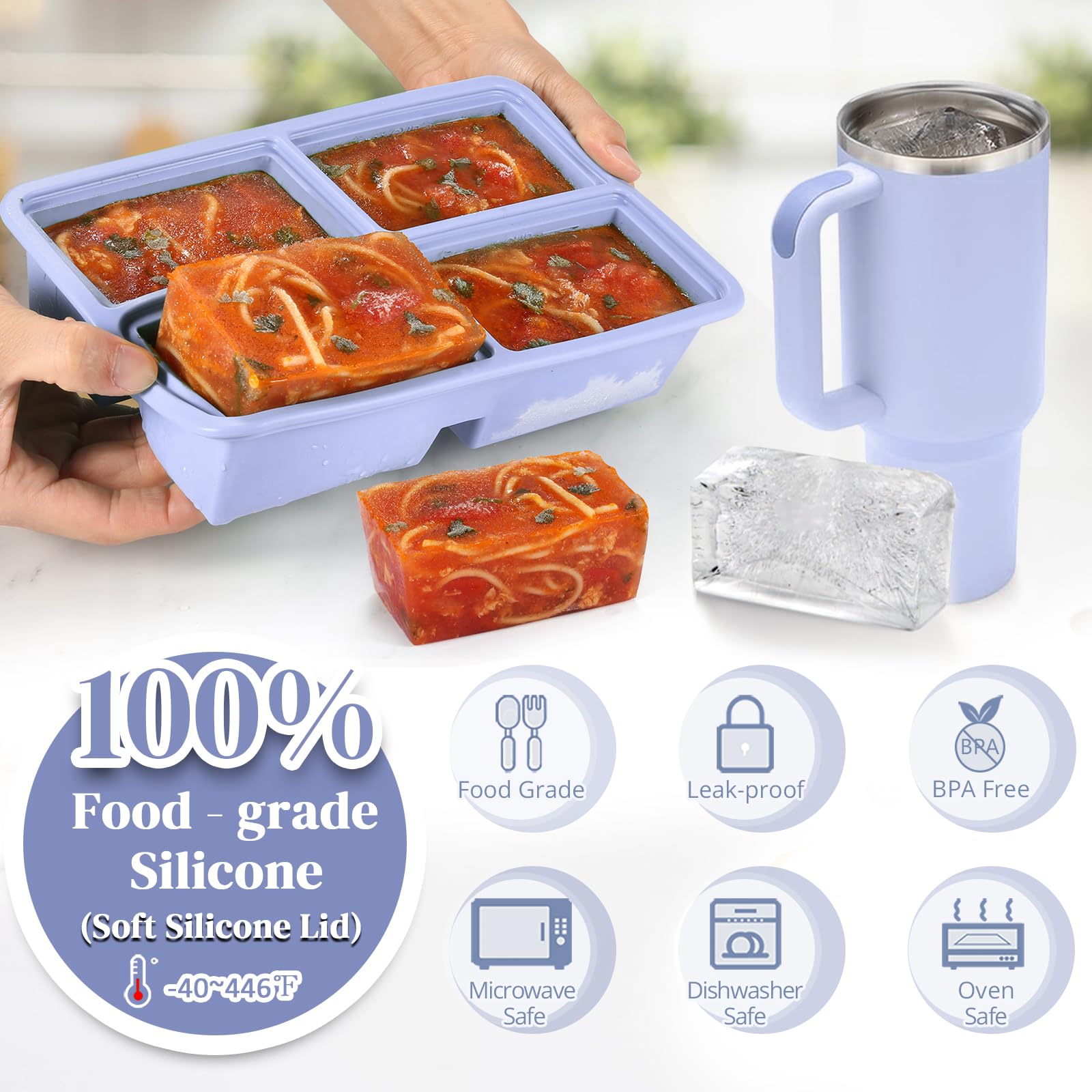 2 PACK 1 Cup Silicone Freezer Trays With Lid For Freeze & Store Soup, Broth, Leftovers, Microwave-safe Soup Freezer Container - Purple