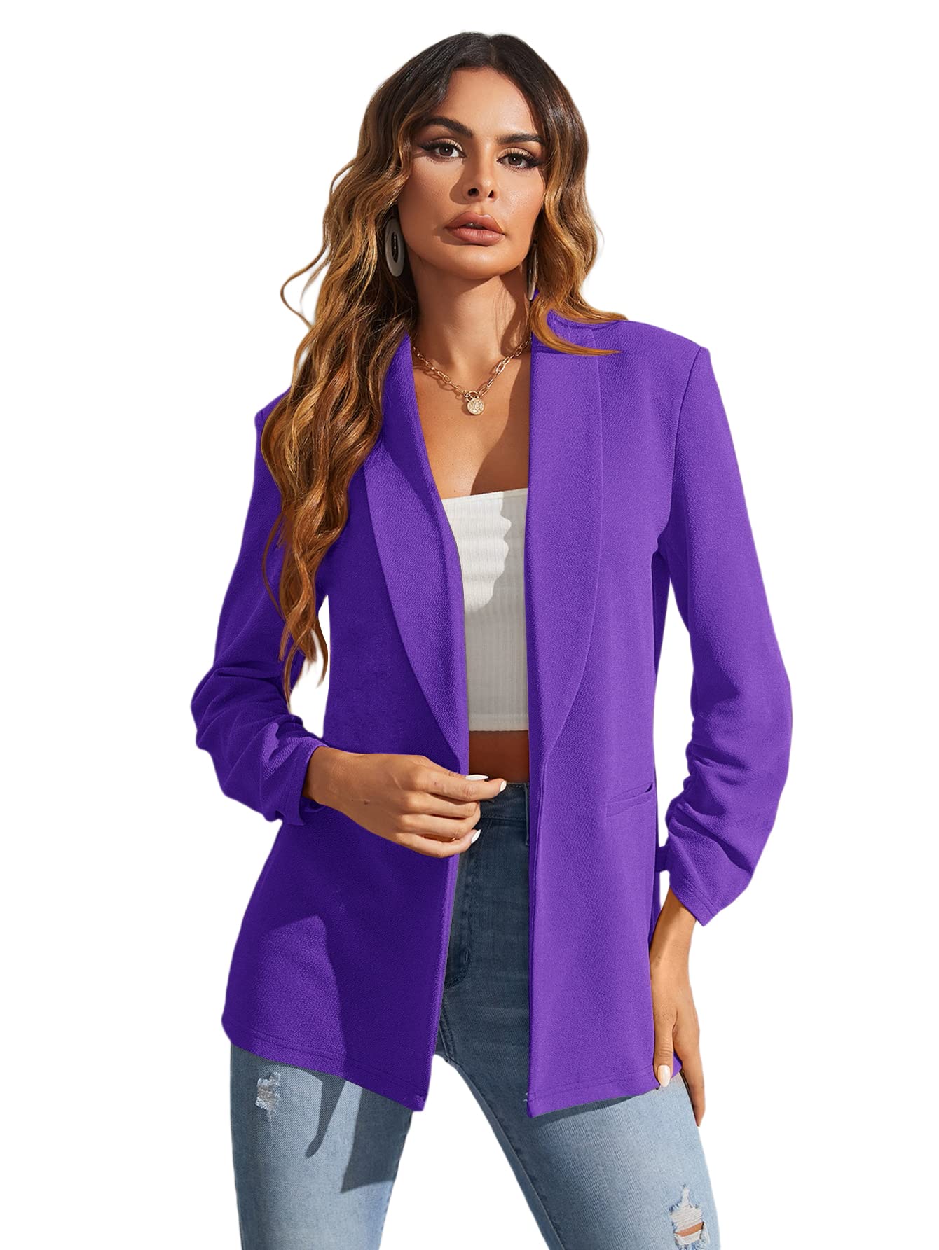 WDIRARA Womens Long Sleeve Open Front Blazer Casual Work Office Jacket