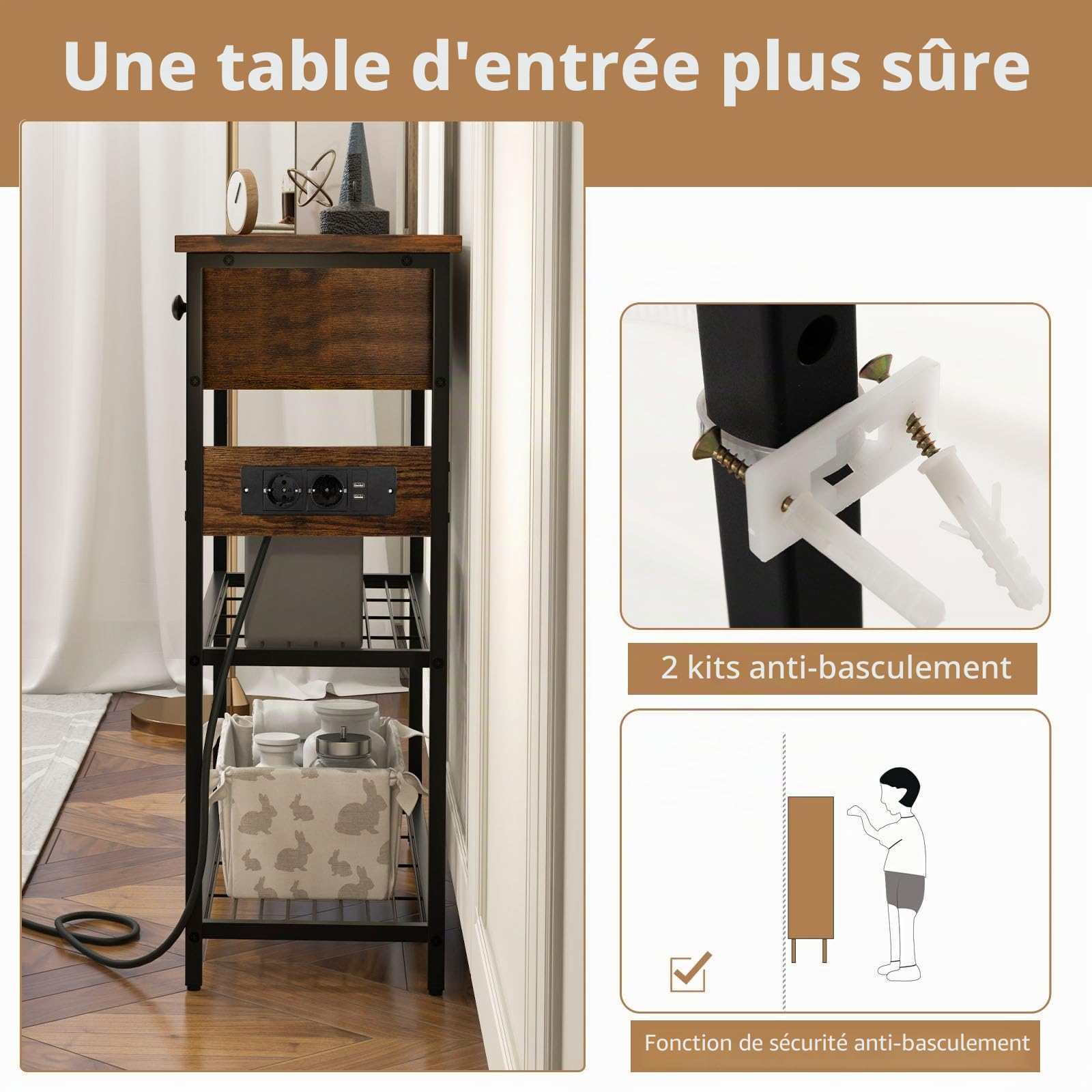 LIFEZEAL Table Console avec Prise de Courant et Ports USB, Table de Couloir Industrielle Ports USB, Meuble d’Entrée avec 2 Tiroirs, 81 x 30 x 81 cm, Marron+Noir