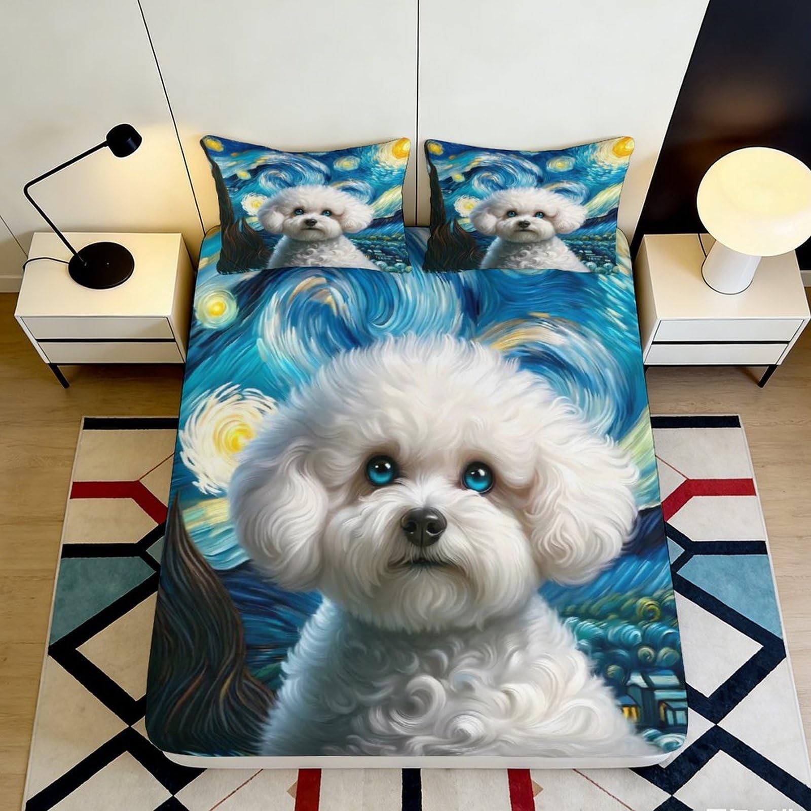 Uxinyoume Style-4 3D Printed Starry Night Dog Fitted Sheet Microfiber Soft Non-Slip Bed Cover For Bedroom Guestroom Mattress Decor 90X200x25cm