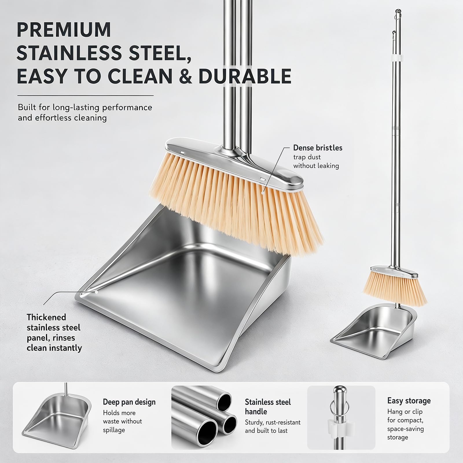 RANJIMA Juego de escoba y recogedor, 118 cm, de acero inoxidable, con pala, ajustable, de alta eficiencia, con pala para el hogar, cocina, oficina, calle