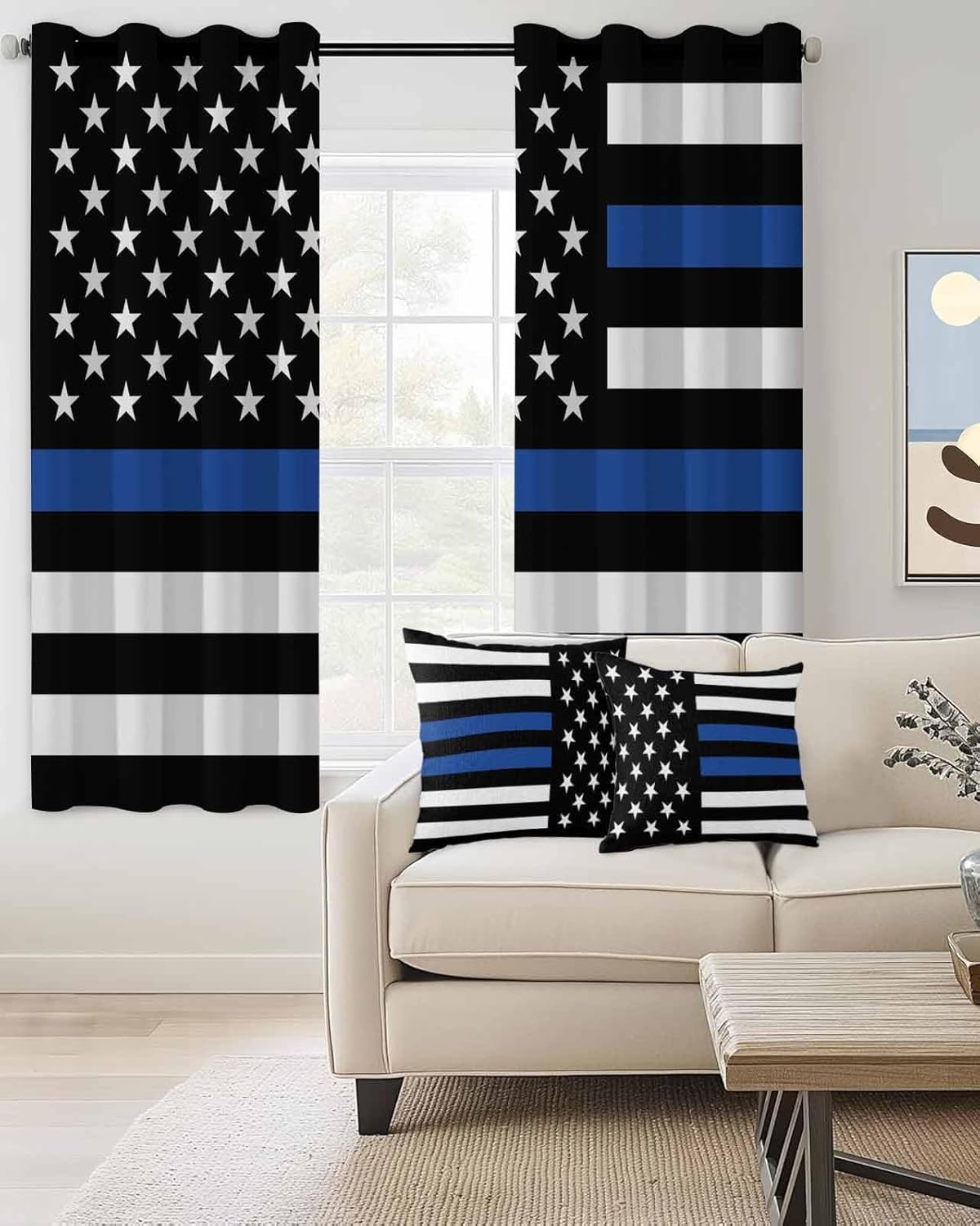 Curtains 42 x 45 inch for Living Room, Blackout Room Darkening American Police Flag Thin Blue Line Stripes Heavy Duty Police Door Window Curtain Thermal Insulated with Grommet Drapes, 2 Panels