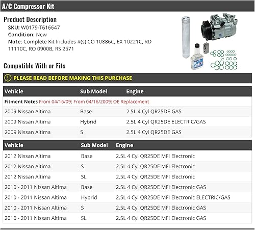 Kit de compresor de A/C - Compatible con Nissan Altima 2.5L 2.5L 2009-2012 de 4 cilindros (desde el 16/04/2009) (W0179-T616647)