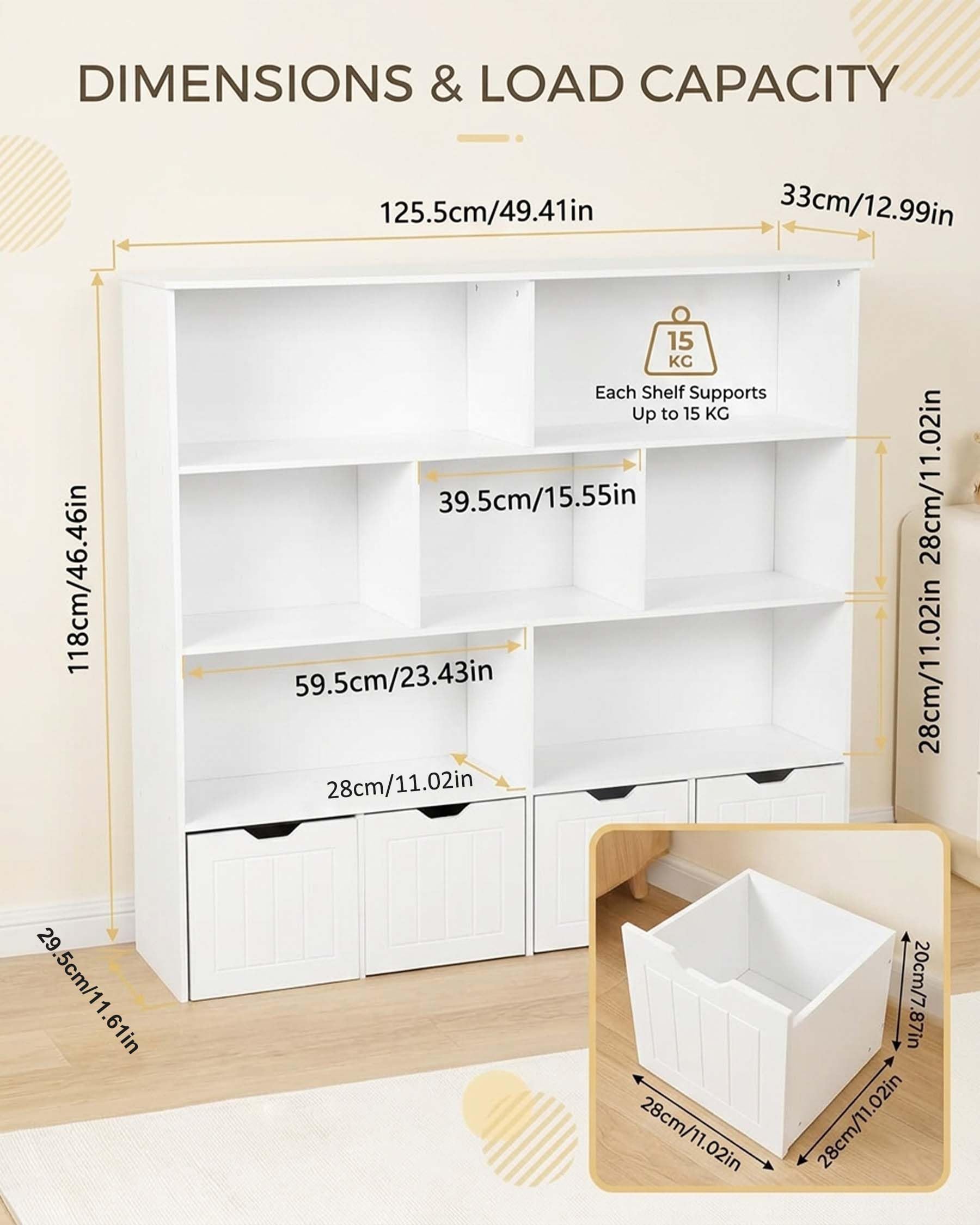 Estantería Infantil Blanca con Cajas sobre Ruedas, 125 cm