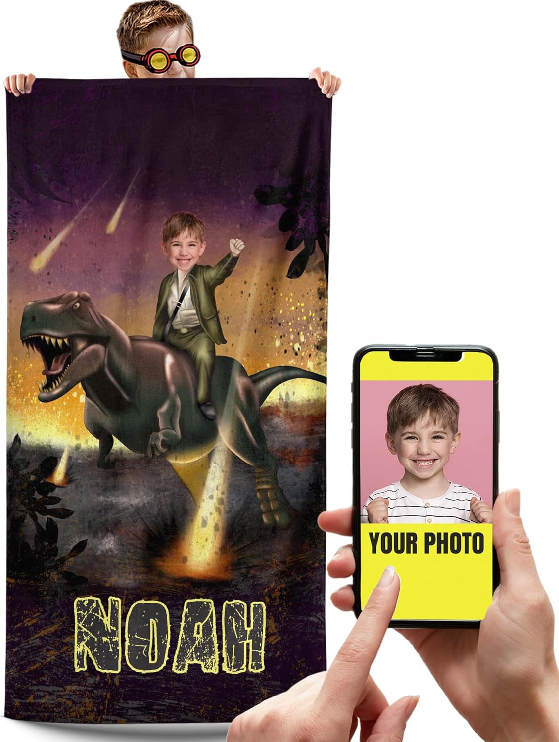 Factory4me Custom Beach Towel for Kids, Dinosaur Towels for Boys, Personalized Beach Towels with Your Photo, Dinosaur Gifts for Kids Adults, Gift for Son Nephew Grandson, Baby Pool Towel KC16