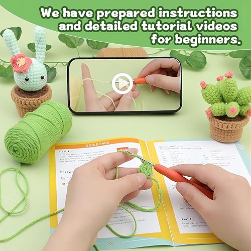 Miniatura 4 de FOSZMAC Kit de ganchillo para principiantes, 6 piezas de plantas en maceta con ganchos de hilo, accesorios tutoriales en video paso a paso, juego de