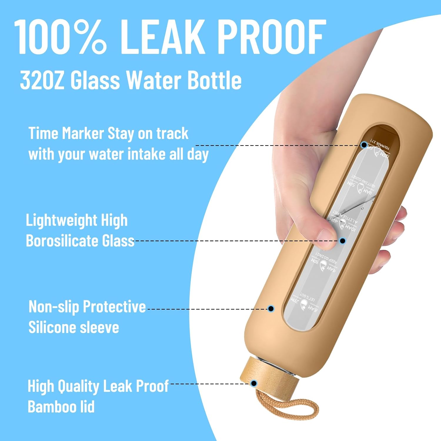 Sursip 32 oz Glass Water Bottle with Time Marker,1 Liter BPA-Free Reusable Motivational Water Bottle with Non-Slip Silicone Sleeve and Bamboo Lid, Leak-Proof, Dishwasher Safe