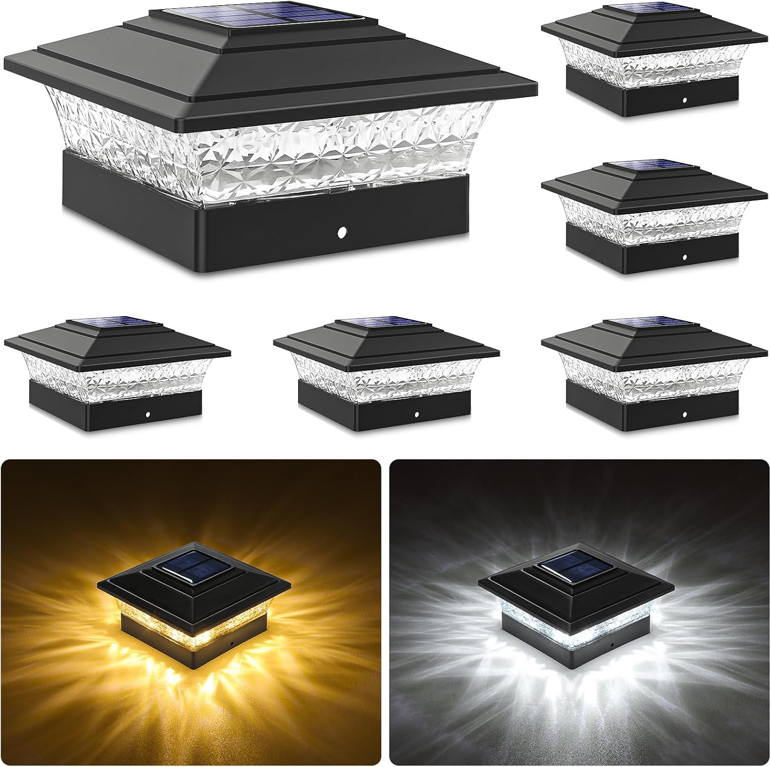 Solar Post Cap Lights Outdoor 6pack, Waterproof Fence Post Lights with 16 Ultra Bright LEDs Fit 4x4 Wood/Vinyl Posts, Black Deck Post Lights with Warm/Cool White for Garden, Patio, Porch, Yard